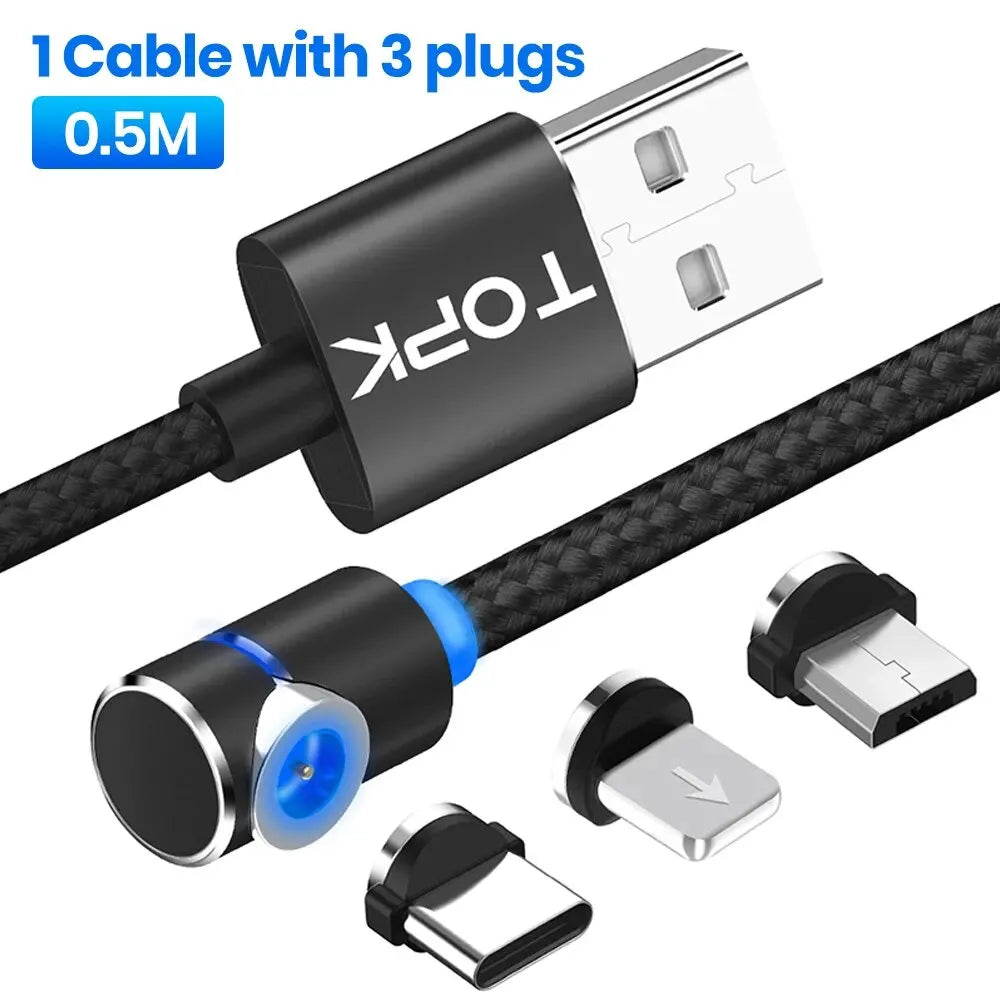 TOPK Magnetic Charging Cable 360° Rotating Magnetic Phone Charger Cable with LED Light, 90° Angle Connector, Nylon-Braided Cor