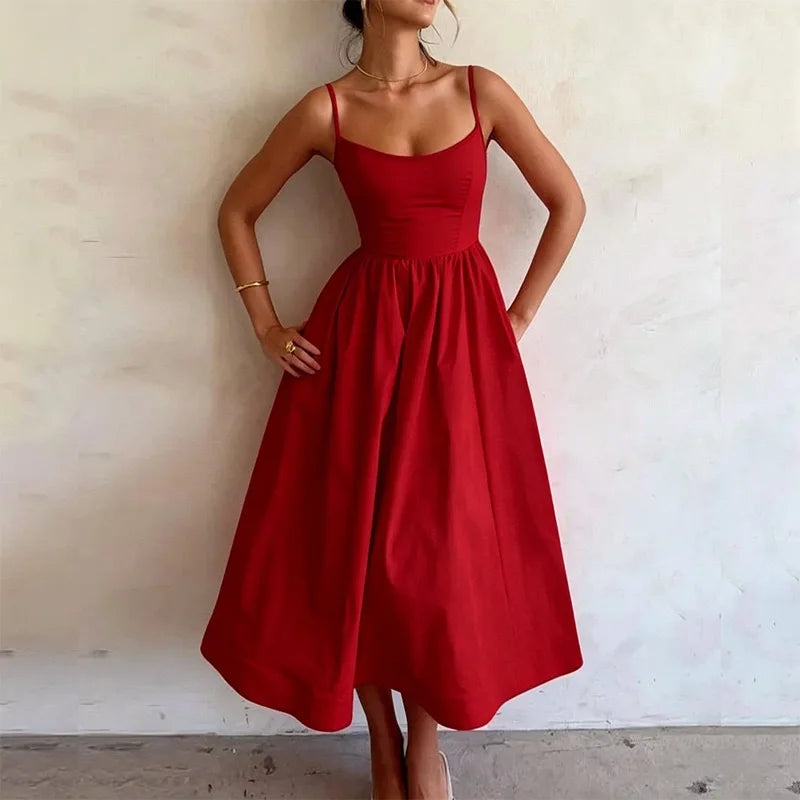 Dresses For Women 2026 Summer Suspender Dress Solid Swing Sundress Sleeveless Spaghetti Straps A Line Beach Party Dresses