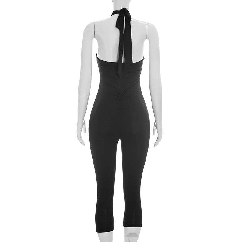 Sexy spicy girl style solid color hollow neck strap seven part jumpsuit
