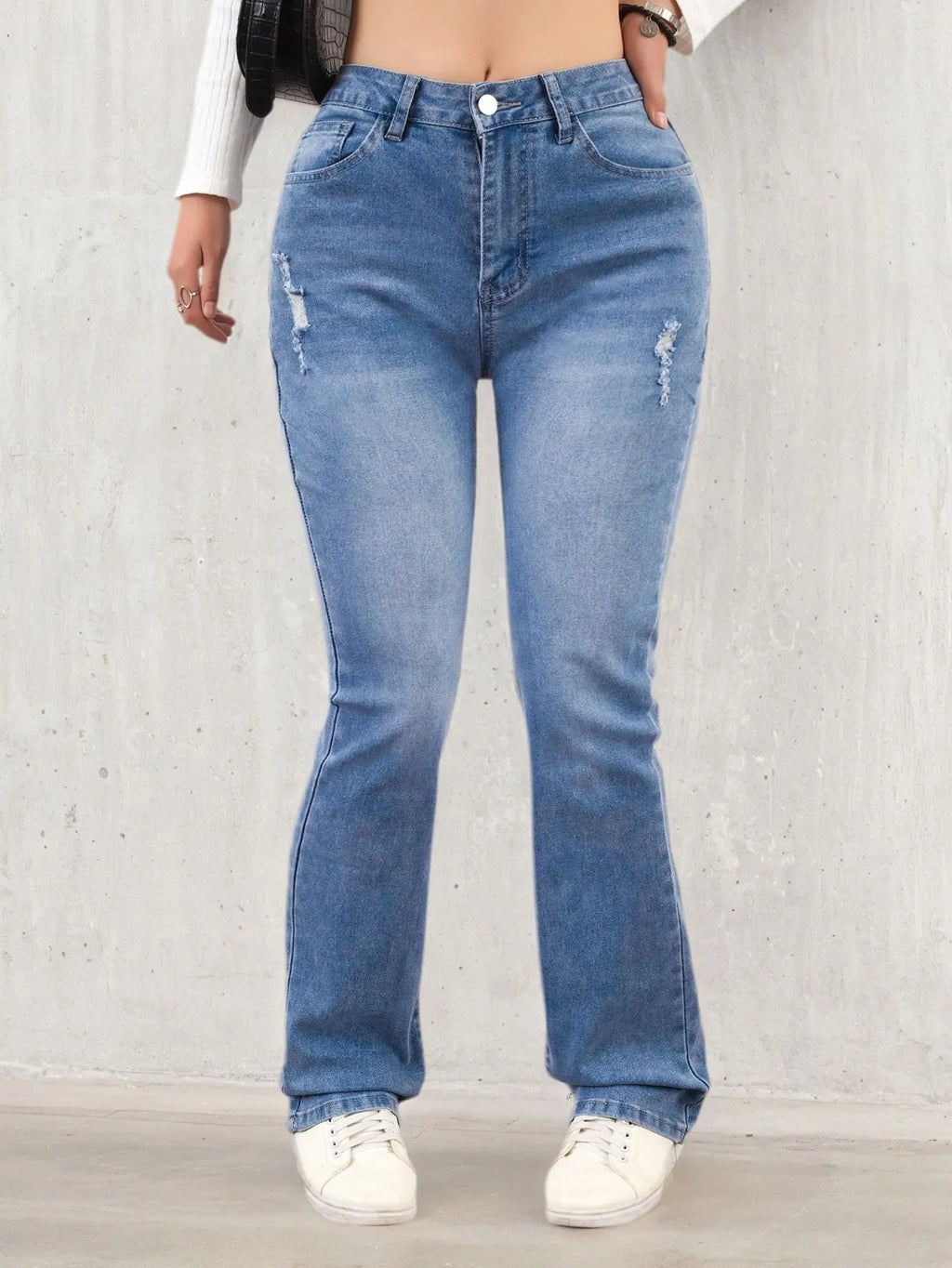 Women's denim pants suitable for all seasons light blue simple casual fashionable versatile elastic perforated flared pants