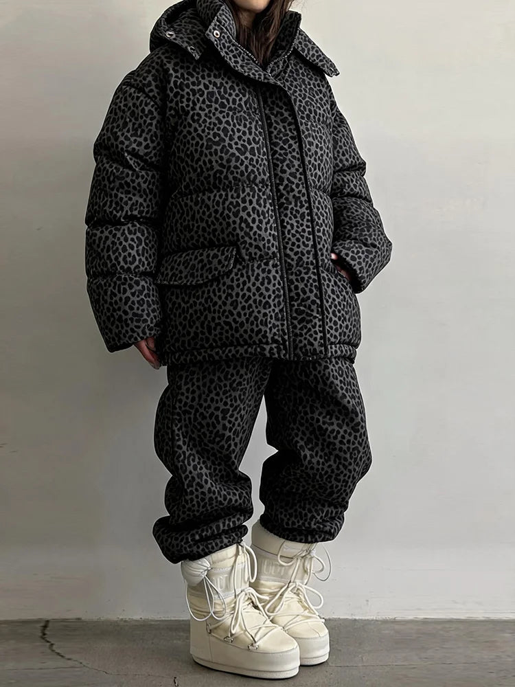 Leopard Print Women's Winter Down Jacket Pant Set Hooded Full Sleeve Zipper Jacket Elastic Waist Pants 2026 Warm Padded Coat Set