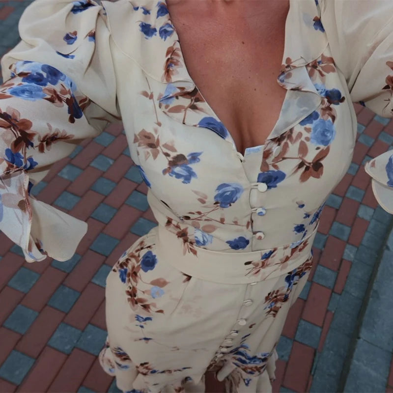 Sexy Print Women Long Dress Urban V-neck Single Breasted Ruffles Half Sleeve Female Dresses 2026 Spring Autumn Lady Robe