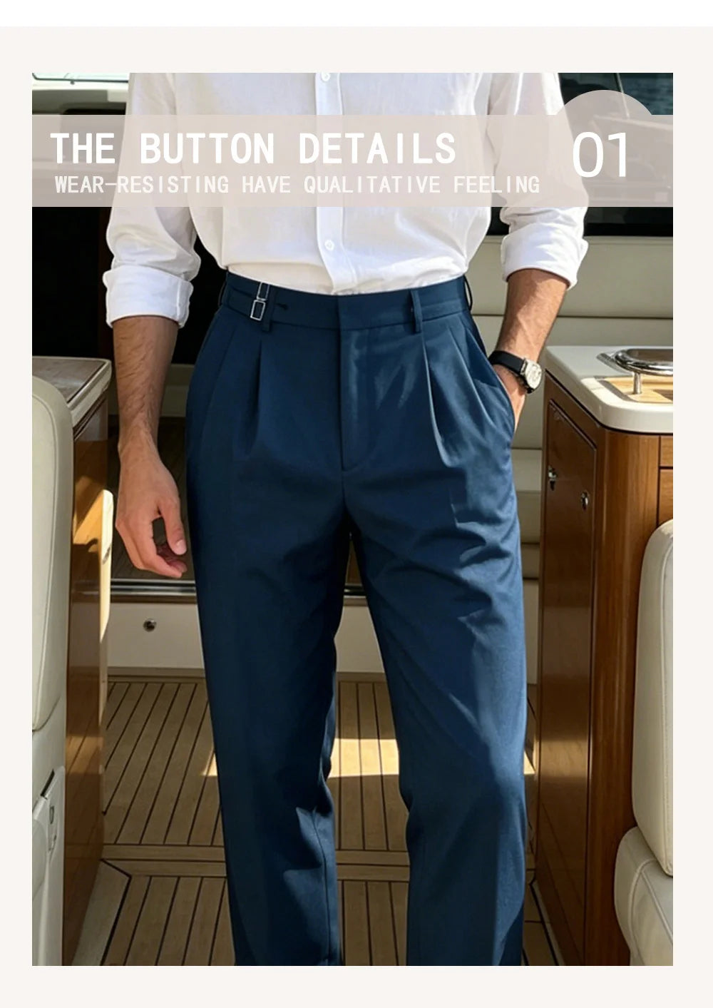 Men’s Solid Color Button Detail Naples Pleated High Waist Wide Leg Suit Pants, New Spring Autumn Elegant Light Business Trousers