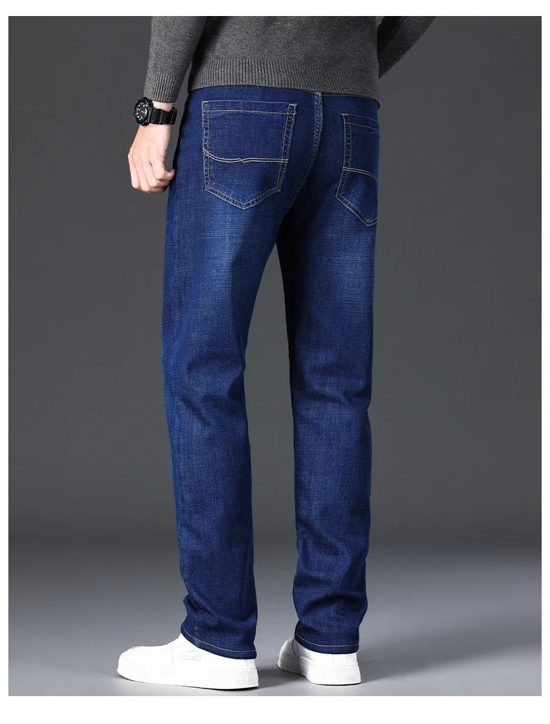 Men Winter Fleece Warm Jeans Brand 2024 Fashion Business Pants Retro Classic Denim Trousers Autumn Casual Stretch Slim Jeans Men