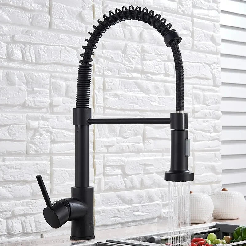 Black kitchen faucet, stainless steel mixer faucet, 360-degree rotating spray nozzle, kitchen sink, hot and cold water faucet.