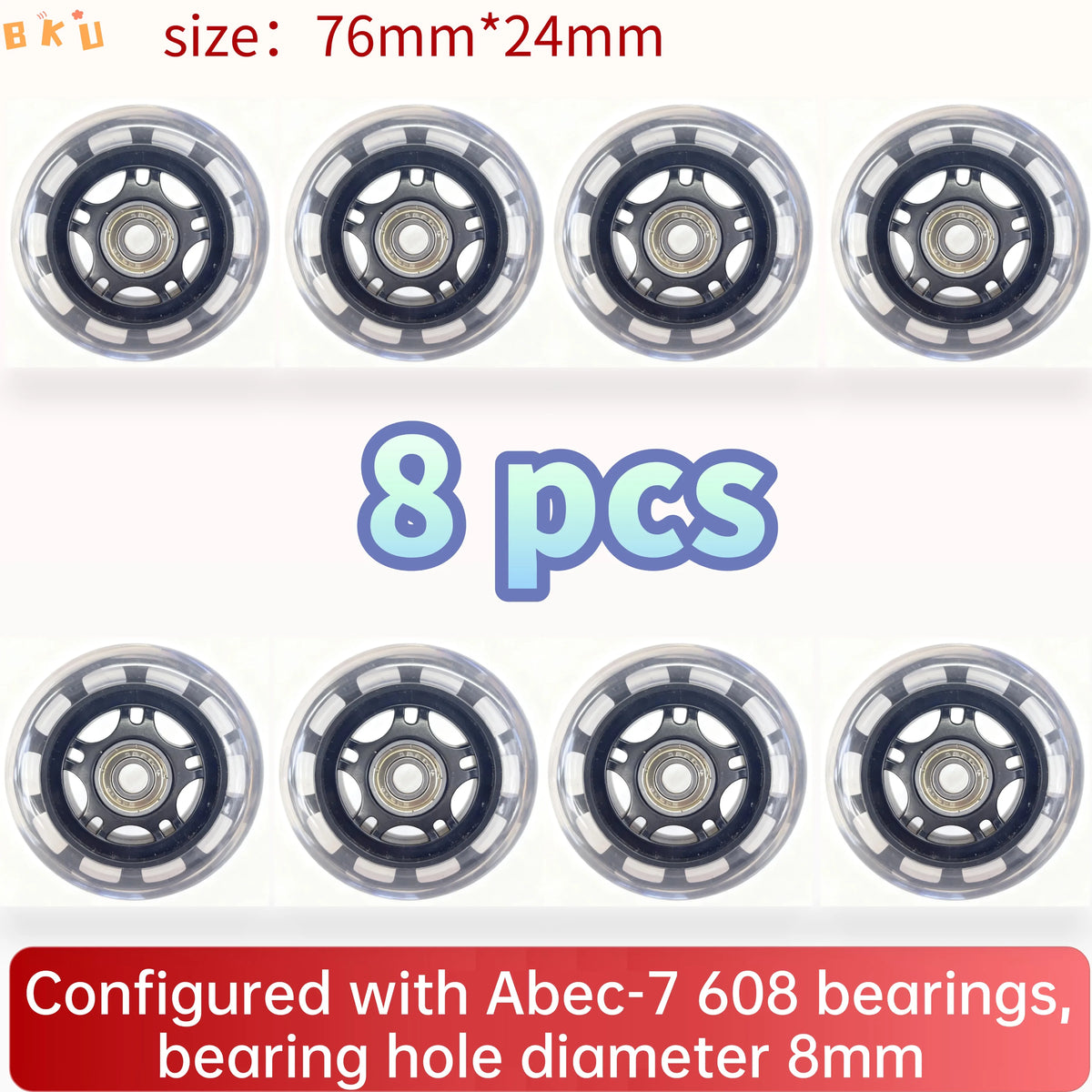 8-Piece PU Replacement Wheels 76mm(3") with ABEC-7 Bearings, PP+PU Material Fit Inline Skates/Kids Scooters/Strollers/Luggage