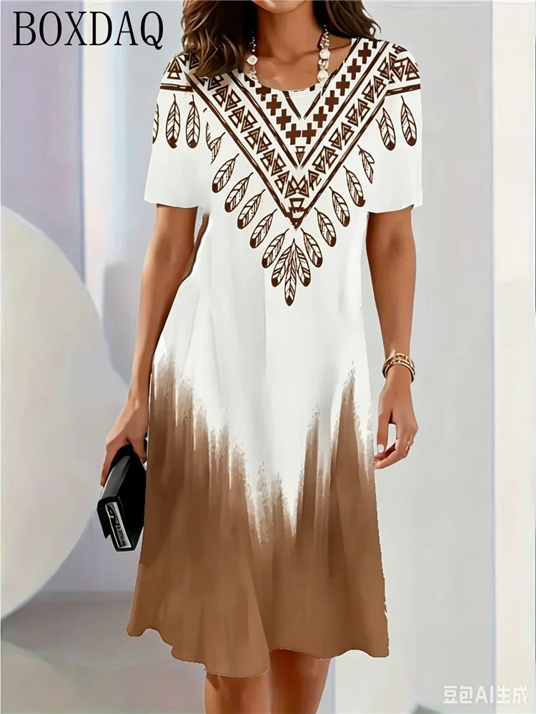Retro Elegant Women's Summer Short-Sleeved O-Neck Casual Loose A-Line Dress 3D Digital Gradient Print New Dress