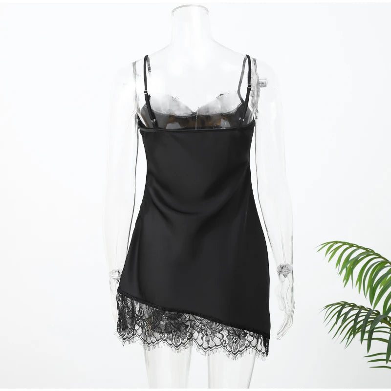 Black Lace Trim See Through Sling Dress Women Waist Cinched Slim Fit Sleeveless Vestidos 2026 Lady Daily Party Short Gowns
