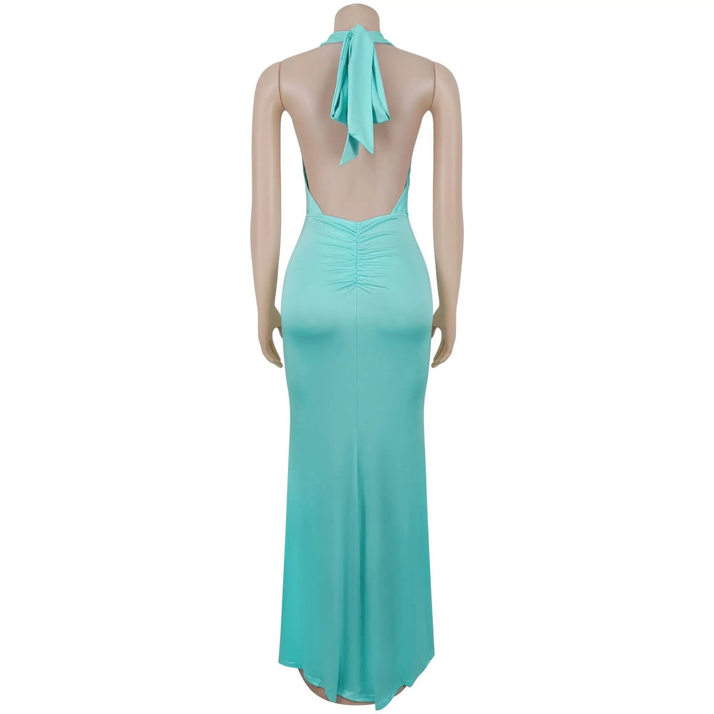 EINY Sexy Women White Halter Maxi Dress Elegant Backless Ruched Bodycon Long Gown Party Club Night Birthday Mermaid Dresses Y2K