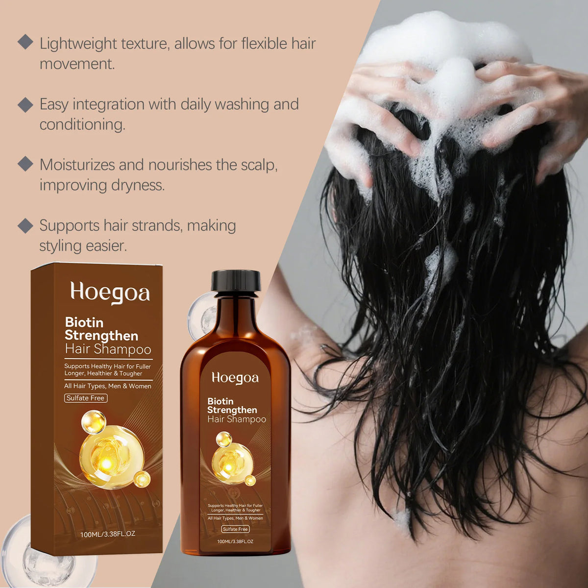 Hoegoa Thickening Hair Shampoo Gentle Cleansing Deep Moisturizing Scalp Refreshing Lightweight Hair Strengthening Shampoo 100ml