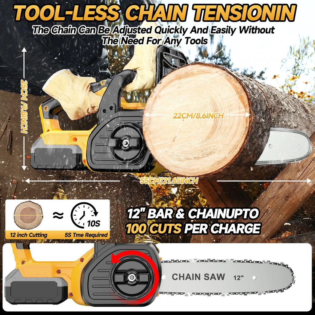 12 Inch Brushless Cordless Handheld Chainsaw Electric Chain Saw With Oiler Graden Pruning Saw Power Tools Compatible with Dewalt
