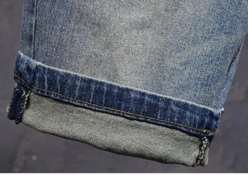 Blue Old Retro Summer Men's Denim Medium Pants Embroidered Scratches Washed Versatile Elastic Shorts Cargo Half Pants Jeans