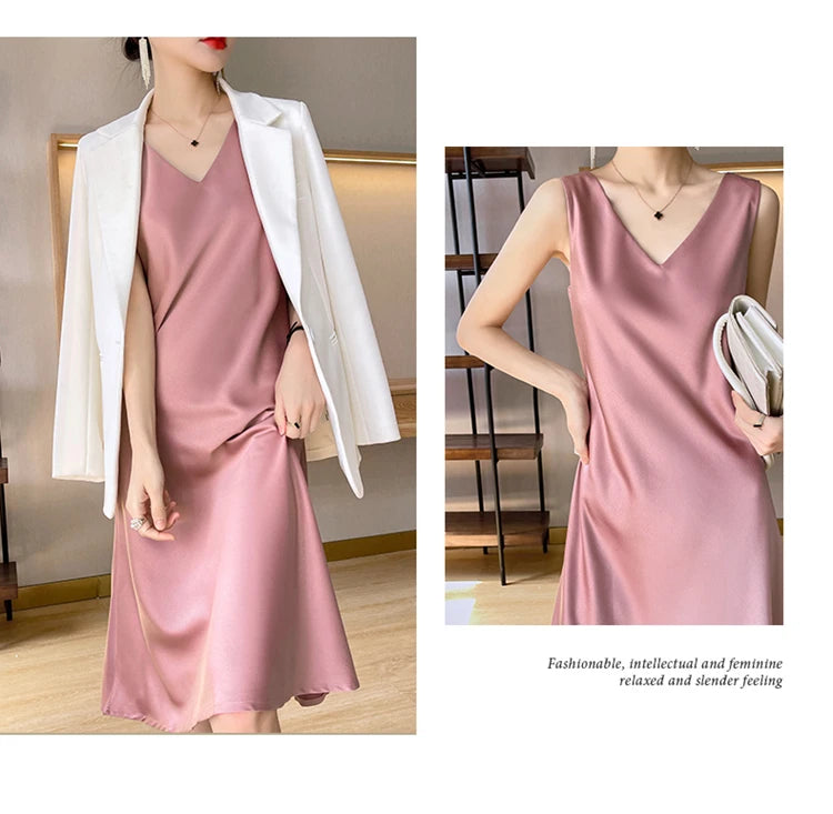 LHZSYY Silk Satin Front/Back V-neck Sling Dress Women's Sleeveless Waistcoat Top Spring Summer New Mulberry Silk Hip Long Skirts