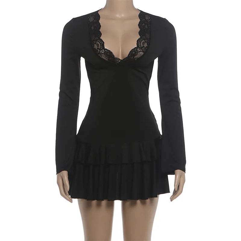 Fantoye Patchwork Lace Sexy V-neck Ruffle Women Mini Dress Long Sleeve High Waist Dress Autumn Skinny Elegant Party Club Dresses