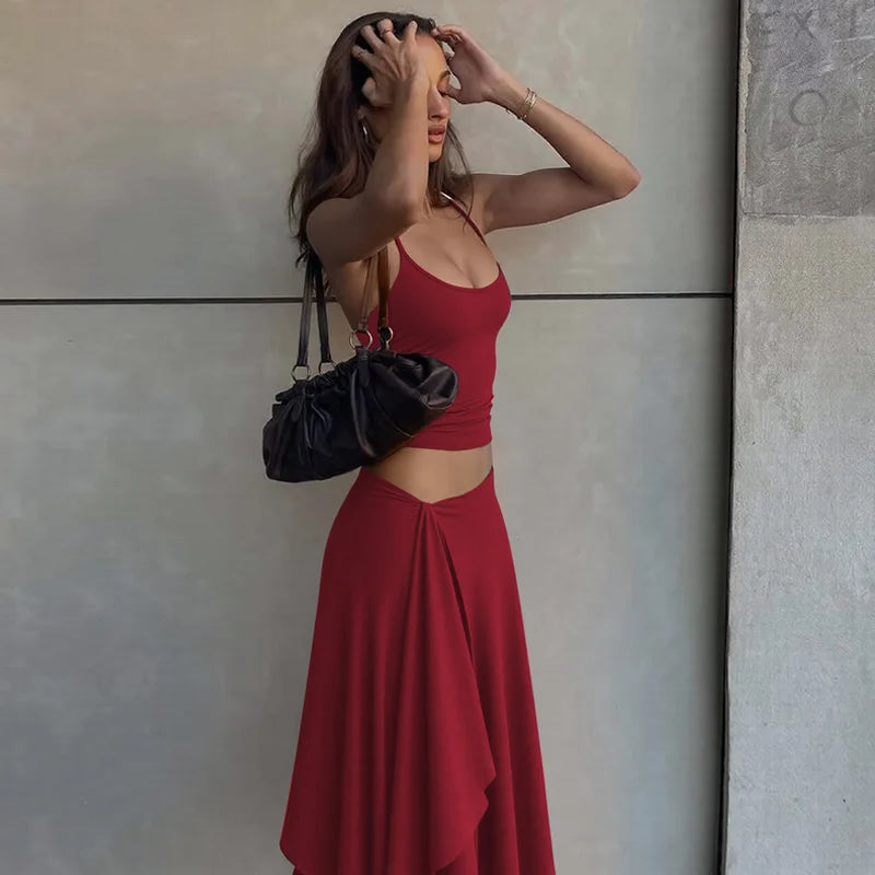 Hugcitar Fashion 2 Pcs Sets Halter Solid Backless Lace Up Sexy Crop Tank Top Ruched Maxi Skirt Women Outfit Beach Vacation Sport