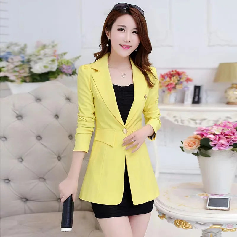 2026 New Spring Autumn Women Blazer Jacket Solid Single Button Mid Long Suit Slim Large Size Ladies Business Office Blazer Coat
