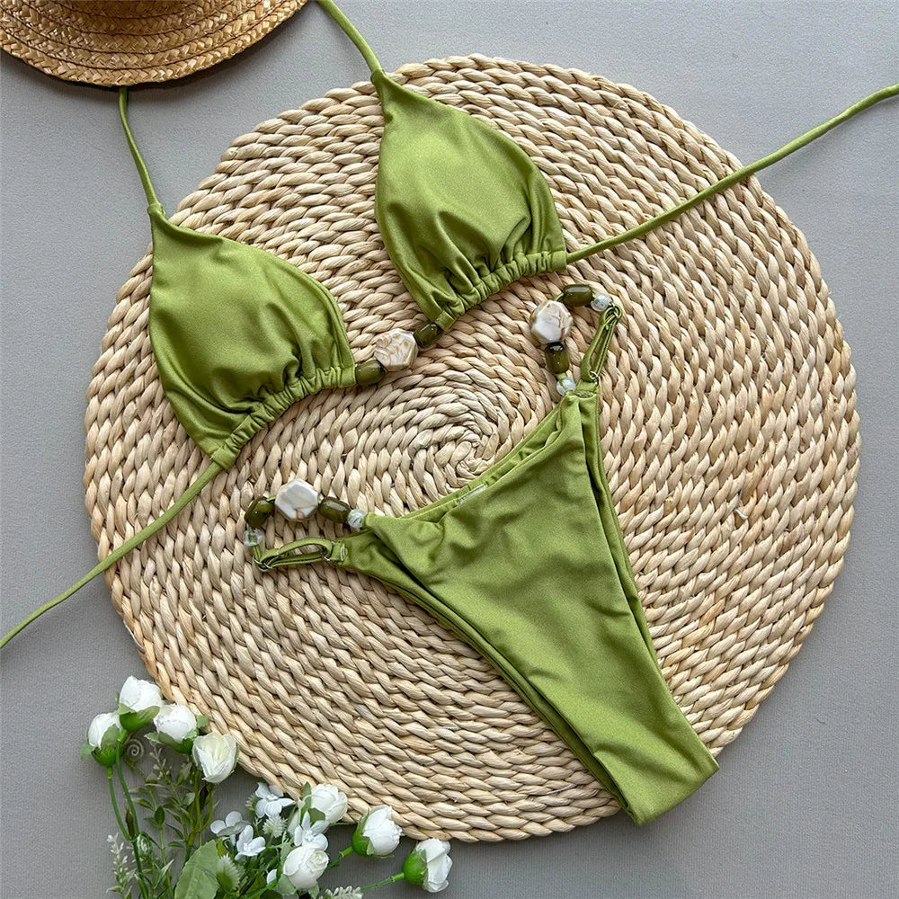 Solid Green Swimwears Sexy Halter Triangle Bead String Bikini Mini Micro Thong Swimsuit Woman 2026 Summer Brazilian Bikinis Sets