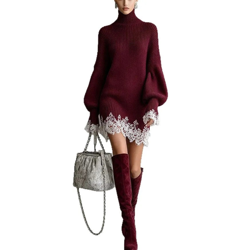 Wome Knitting Dress 2026 New Ladies Loose Fit Turtleneck Knitted Dress Autumn Lace Spliced Long Sleeve Sweater Midi Warm Dress