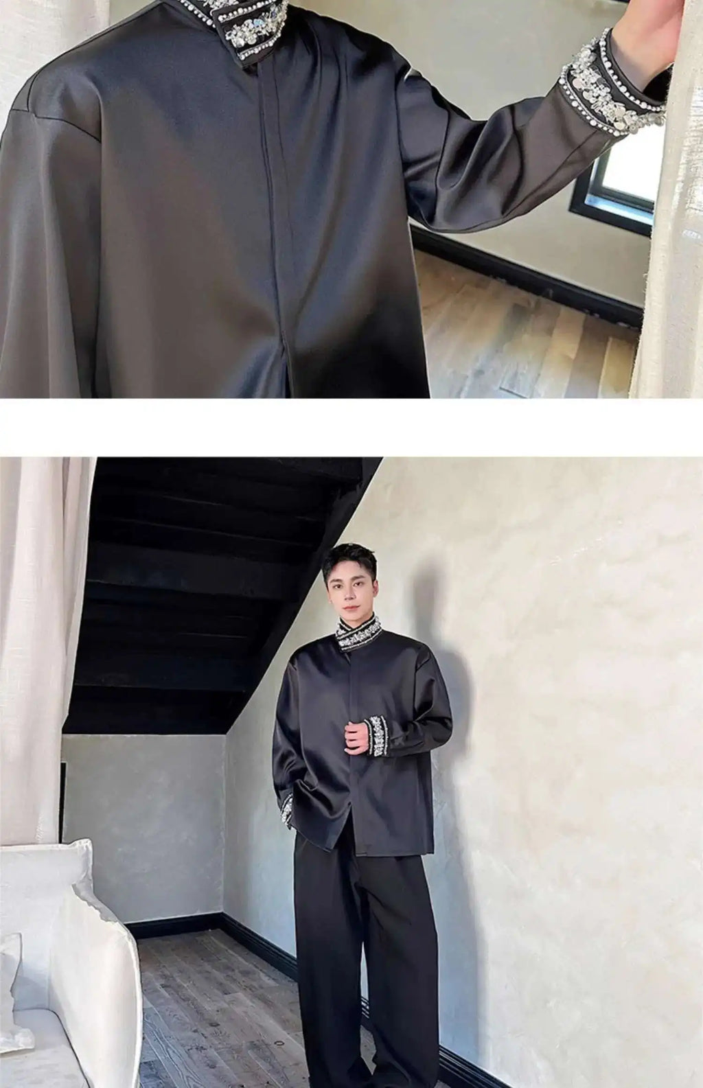PFHQ Diamond Decoration Satin Long Sleeve Male Shirts Stand Collar Solid Color Single Breasted Men's Wear 2025 New Fashion9C7199