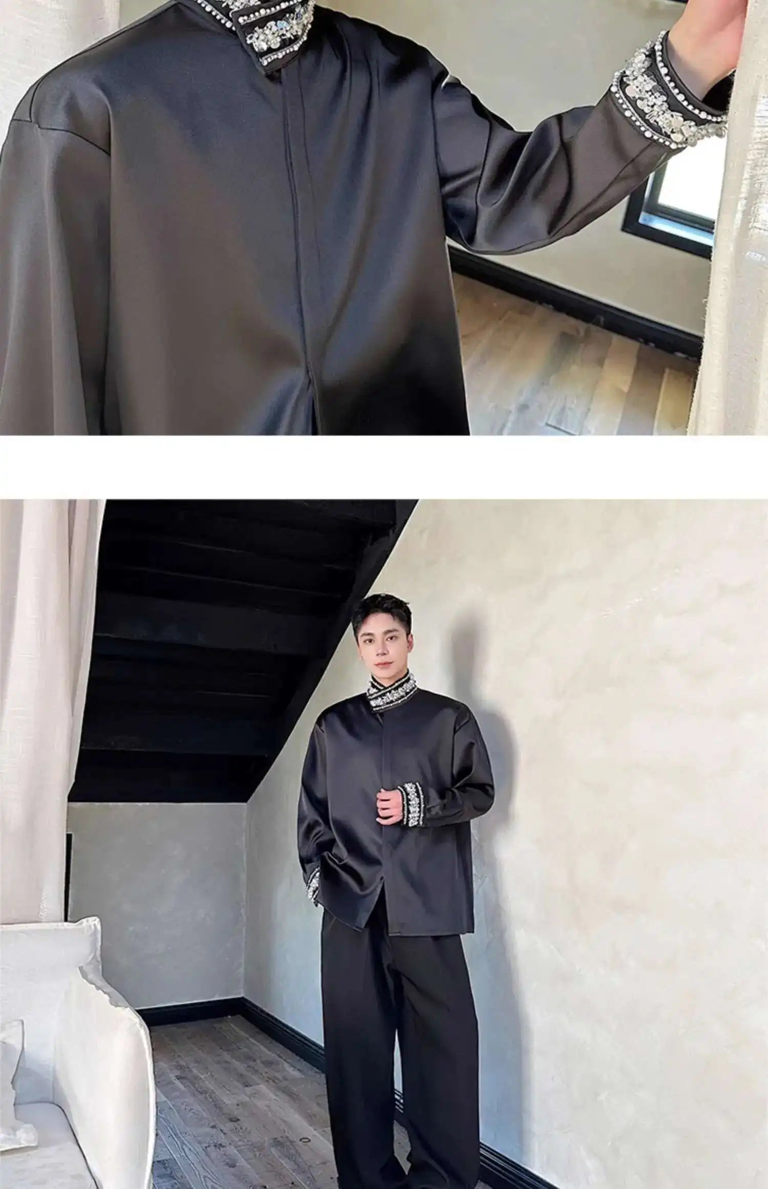 PFHQ Diamond Decoration Satin Long Sleeve Male Shirts Stand Collar Solid Color Single Breasted Men's Wear 2025 New Fashion9C7199