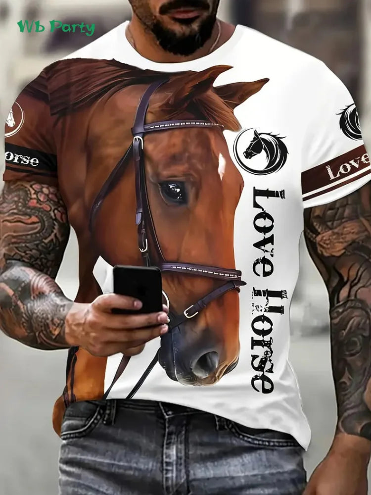 New Horse T-Shirts for Men Summer Outdoor Men Short Sleeve Animal Print Breathable Men's Clothing Fashion Round Neck Men's Tops
