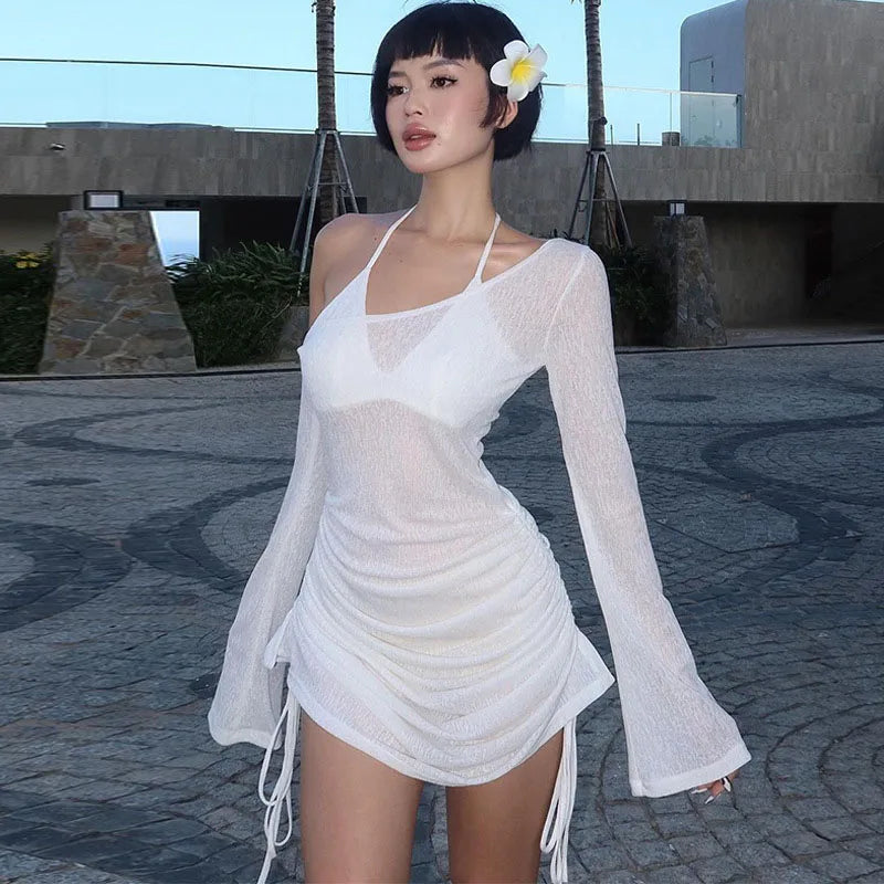 Women's Solid Skew Collar Ruched Straps Lace-Up See through Draw String Mini Dress Summer 2025 Party Clubwear