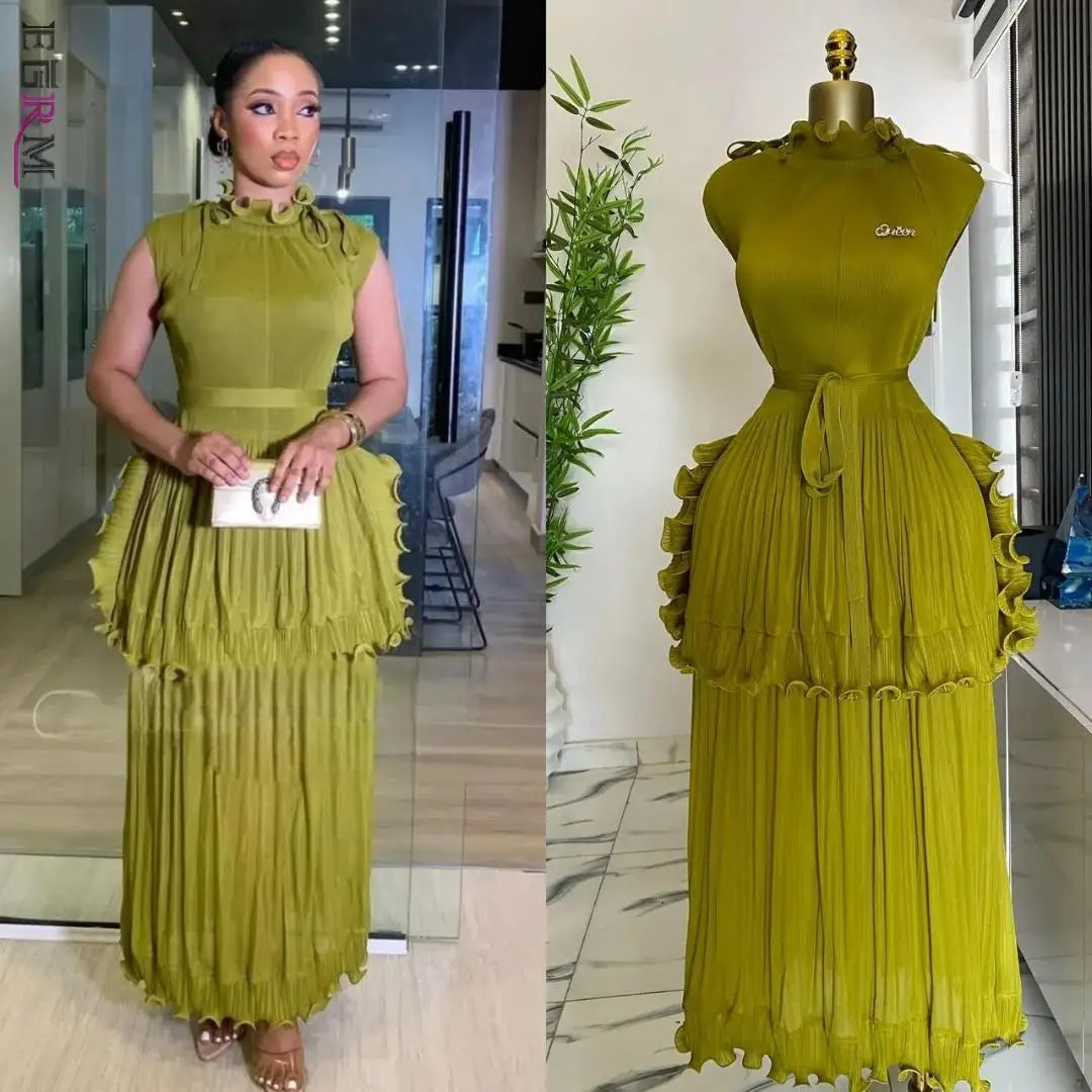 EGRM 2025 Summer New Pleated Dress Women's Solid Sleeveless Ruffles Lace Bottom Skirt with Belt Fashion Female Dresses 9R5618