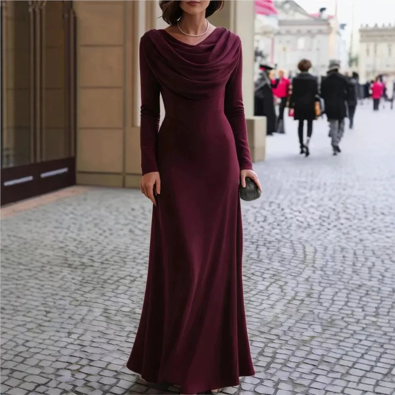 Elegant Ruched Maxi Dress Women Swing Collar Full Sleeve Skinny Stretch Robe Autumn Trend Classic Pleats Long Bodycon Vestidos
