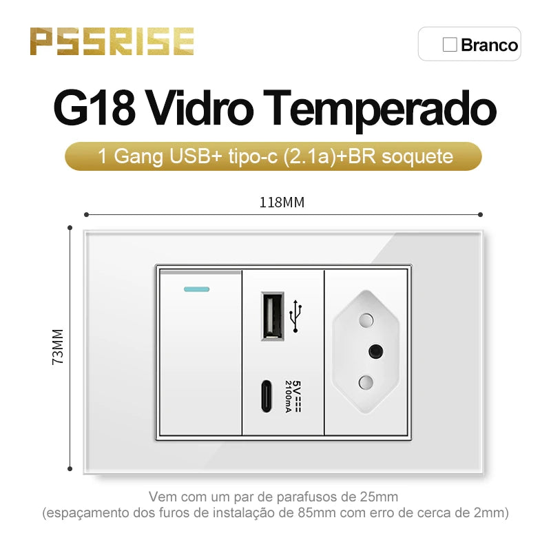 PSSRISE White Tempered Glass Standard sockets and switches brazil Switzerland Usb Type C Wall Socket Light Switch Smart Switch