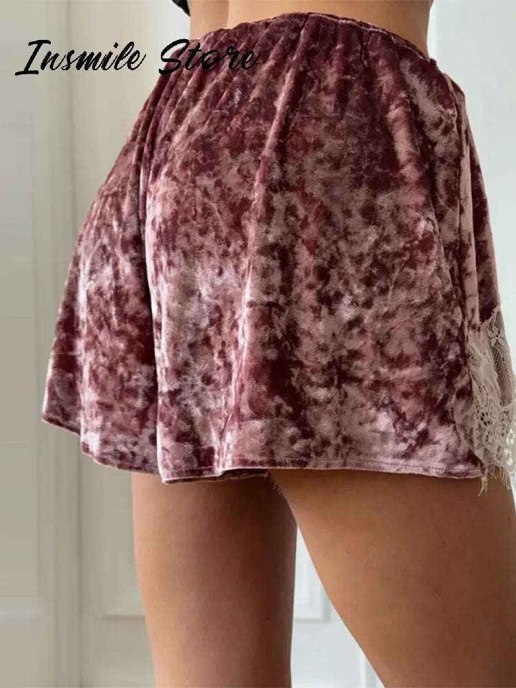 Fashion Women's Velvet Lace Patchwork Shorts Loose Hollow Out Elastic Waist Short Pant 2026 Summer Lady Casual All-match Pants