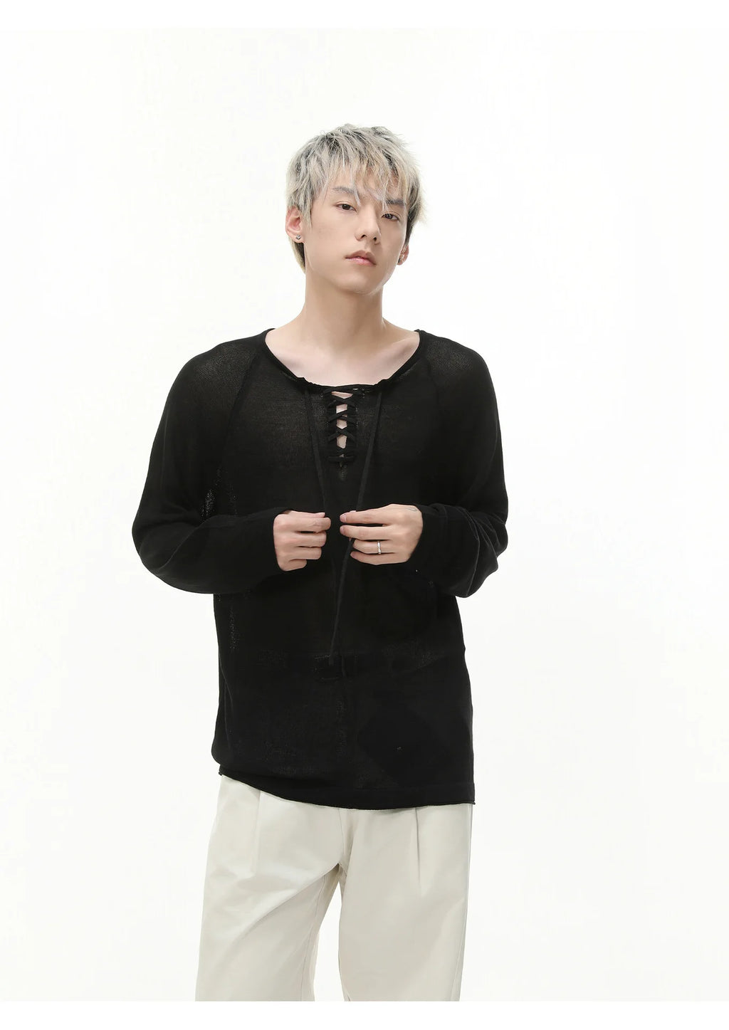 IEFB Niche Design Men's Tees Long Sleeved Round Collar Lace-up Solid Color Simple Tops Loose Pullover Male Tees Autumn 9X533