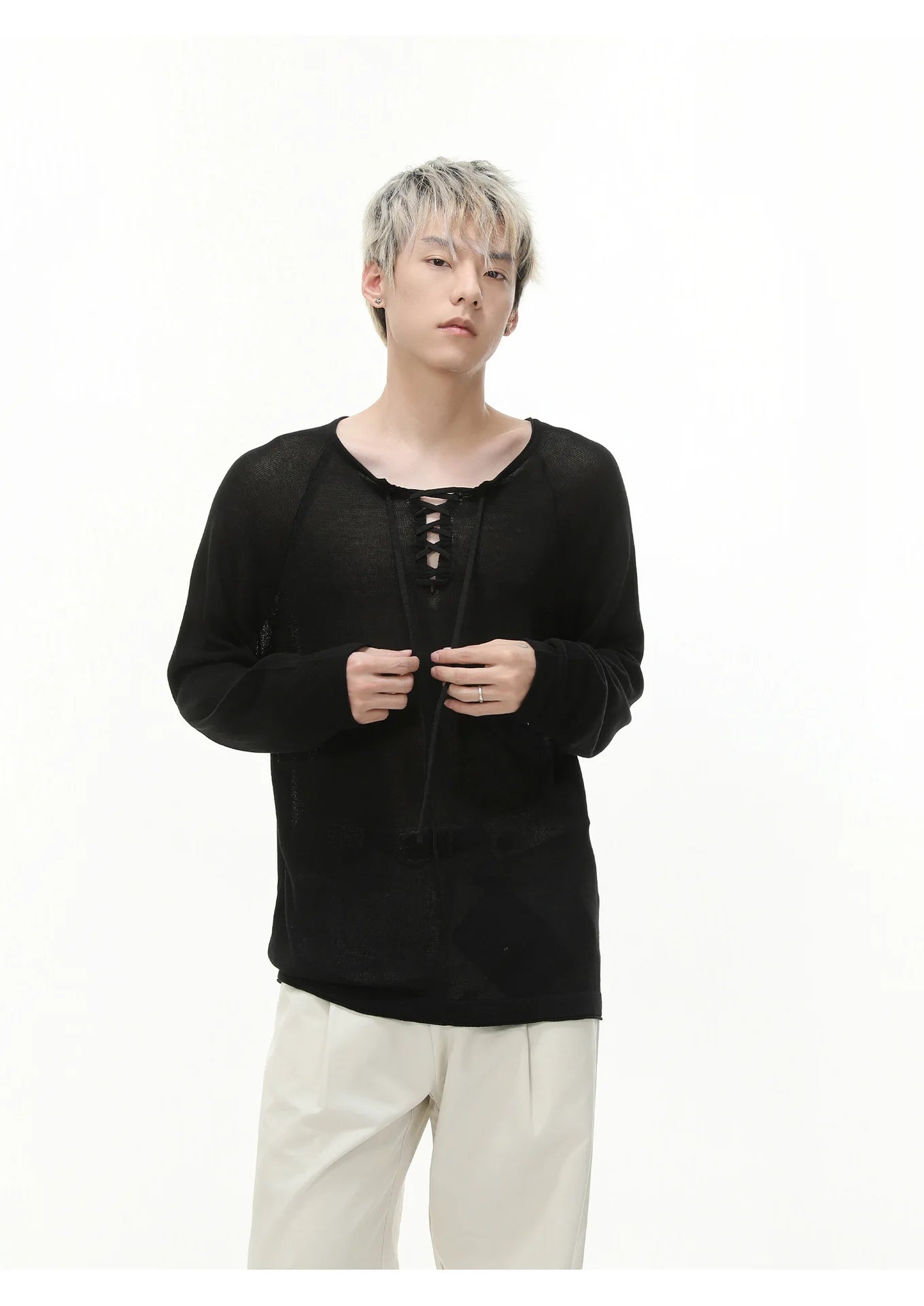 IEFB Niche Design Men's Tees Long Sleeved Round Collar Lace-up Solid Color Simple Tops Loose Pullover Male Tees Autumn 9X533