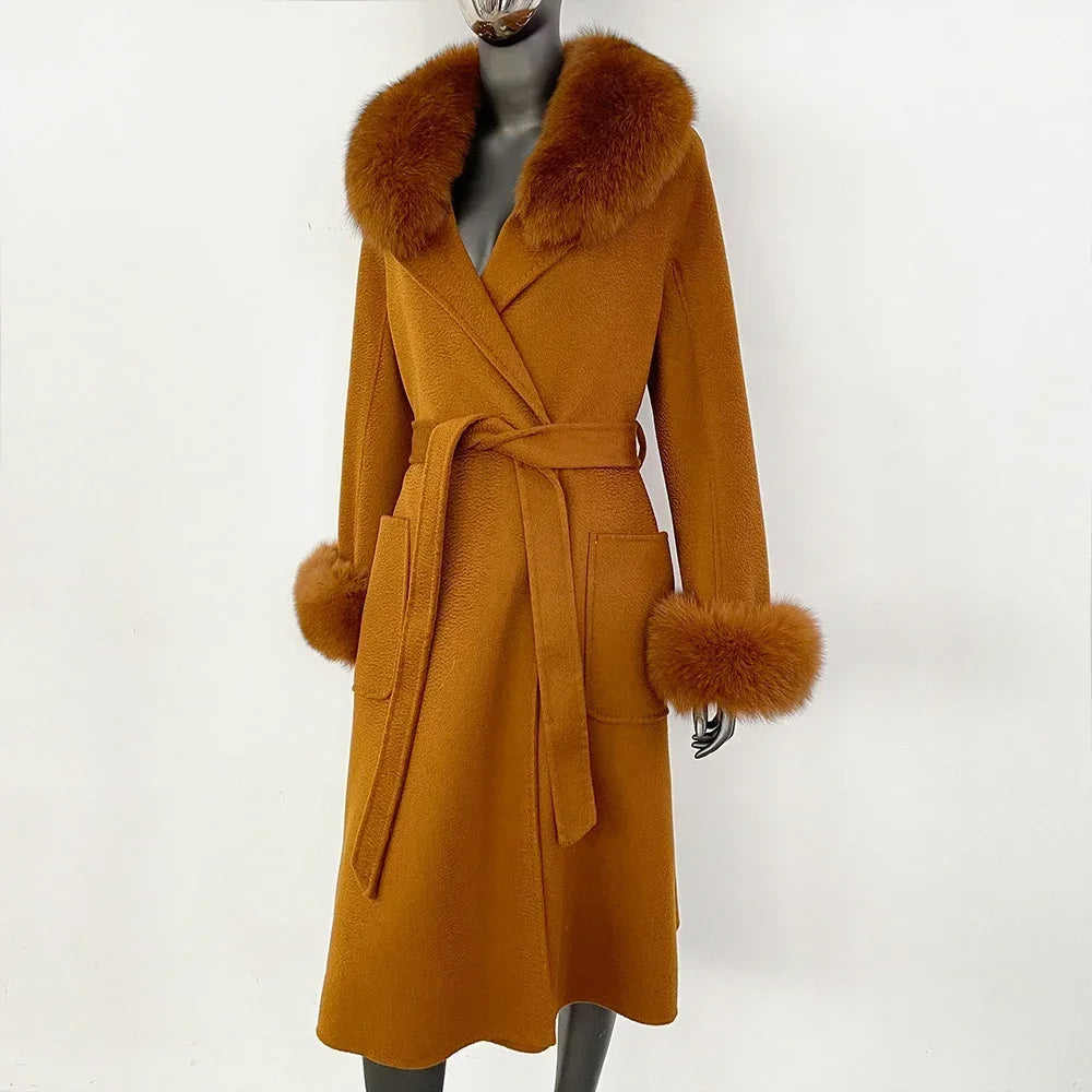 Real Fox Fur Collar Woolen Coat Women's Autumn Winter Warm Natural Fur Coat Casual Wool Fur Jacket Fashion Long Fur Coat Women's