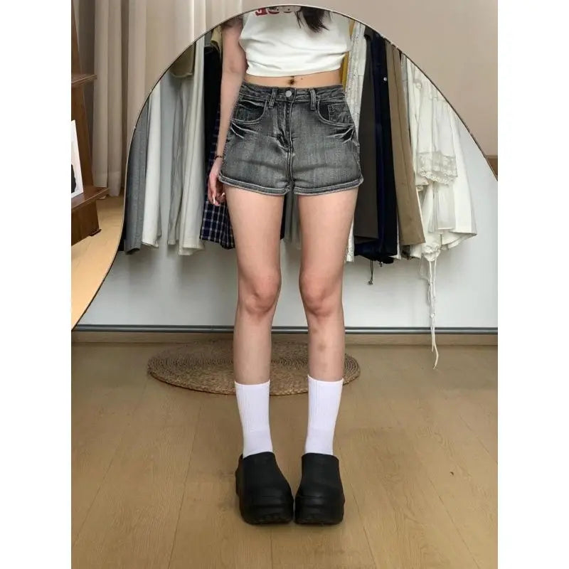 Black and Gray Low-rise Denim Super Y2k Shorts Women Washed Old Slim Elastic Hot Pants Booty Shorts
