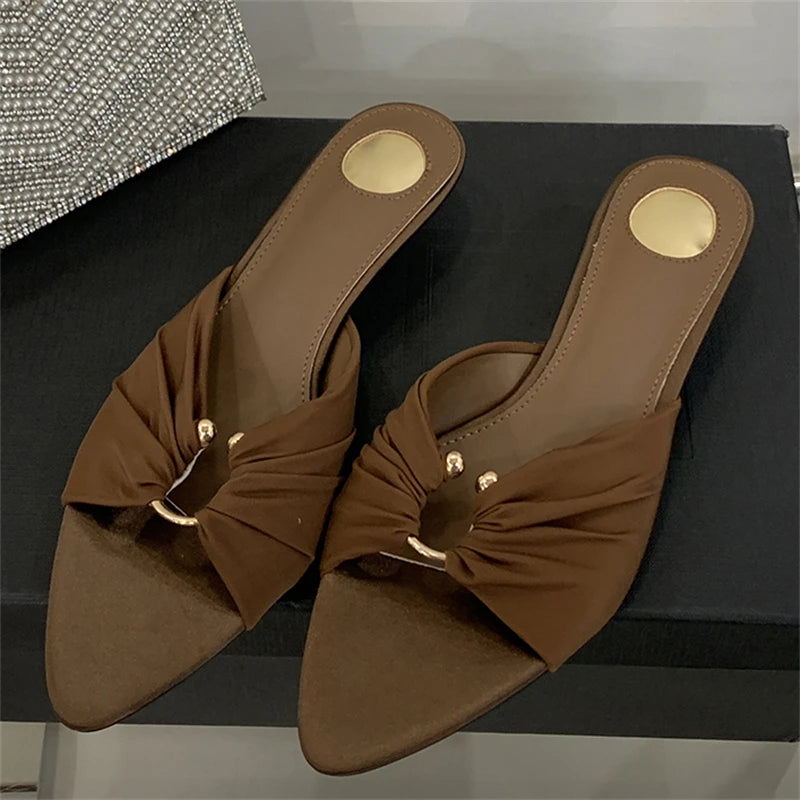 Eilyken New Design Pleated Hollow Out Thin Low Heels Women Slippers Fashion Pointed Toe Party Dress Female Summer Shoes