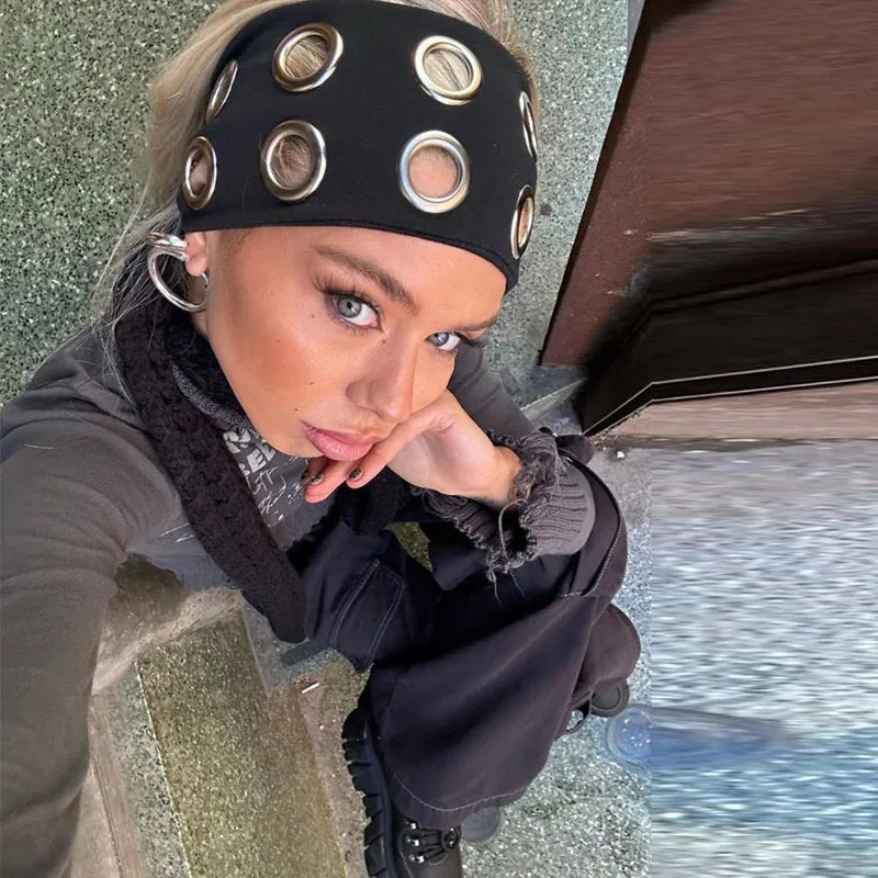 Y2K Girl Hollowed Out Wide Elastic Headband With Eyelets Punk Headwrap Rock Grunge Stretchy Headbands for Women Hair Accessories