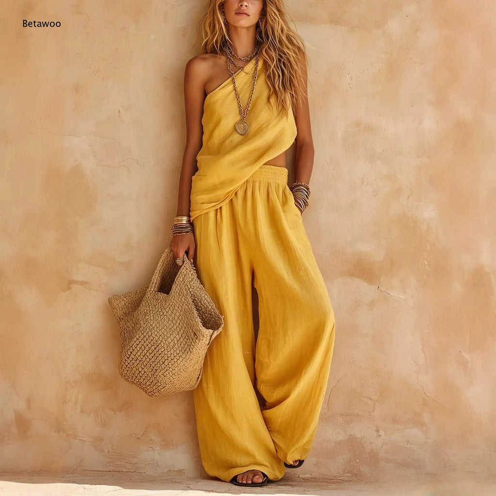 Women One Shoulder Sleeveless Top and Elastic Waist Wide Leg Pants Set Loose Casual Ladies Two Piece Outfit