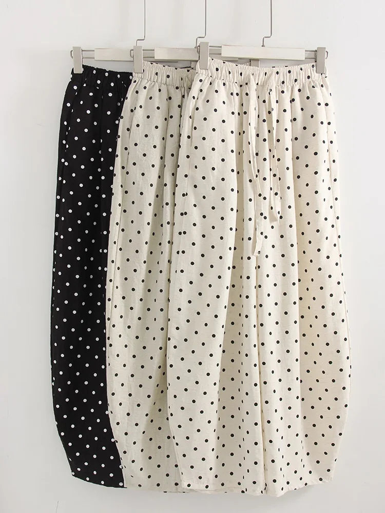 Polka Dot Cotton Linen Pants White Women Wide Leg Summer Spring Baggy Trousers For Woman High  Waist Linen Loose Pants Women