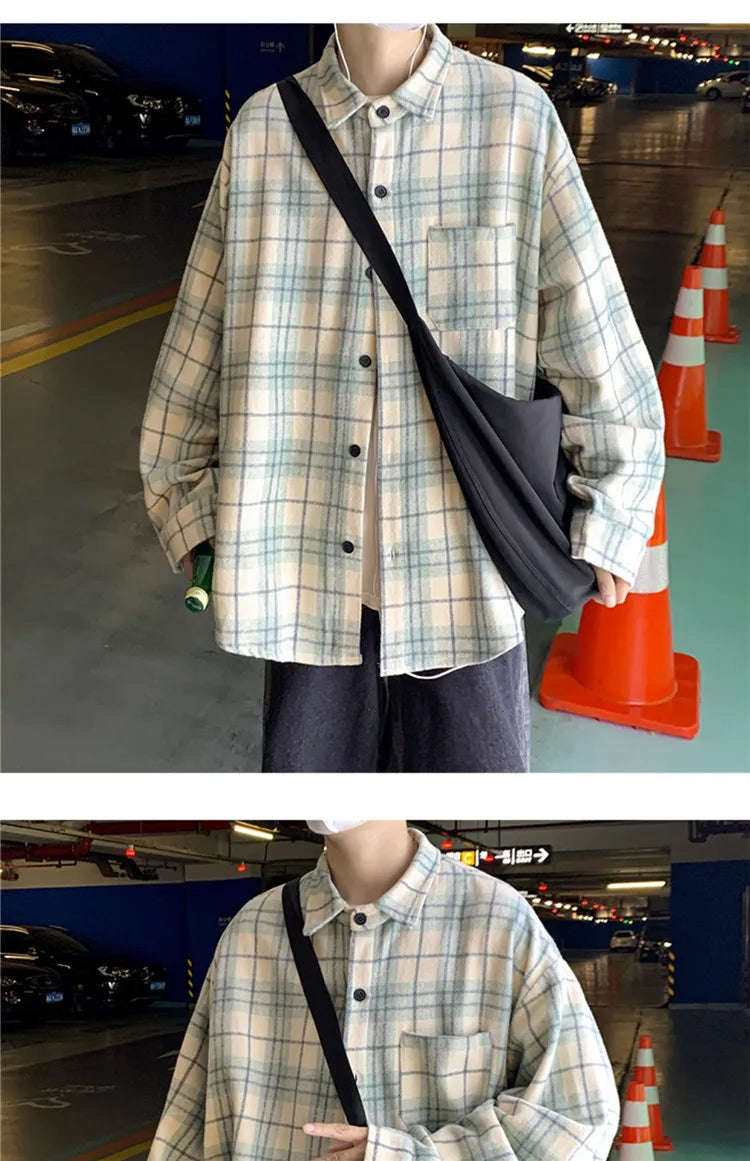 Men's Plaid Long Sleeve Shirt Loose Fit Thin Style Autumn Spring Casual Wear Sun Protection Outerwear Classic Check Pattern