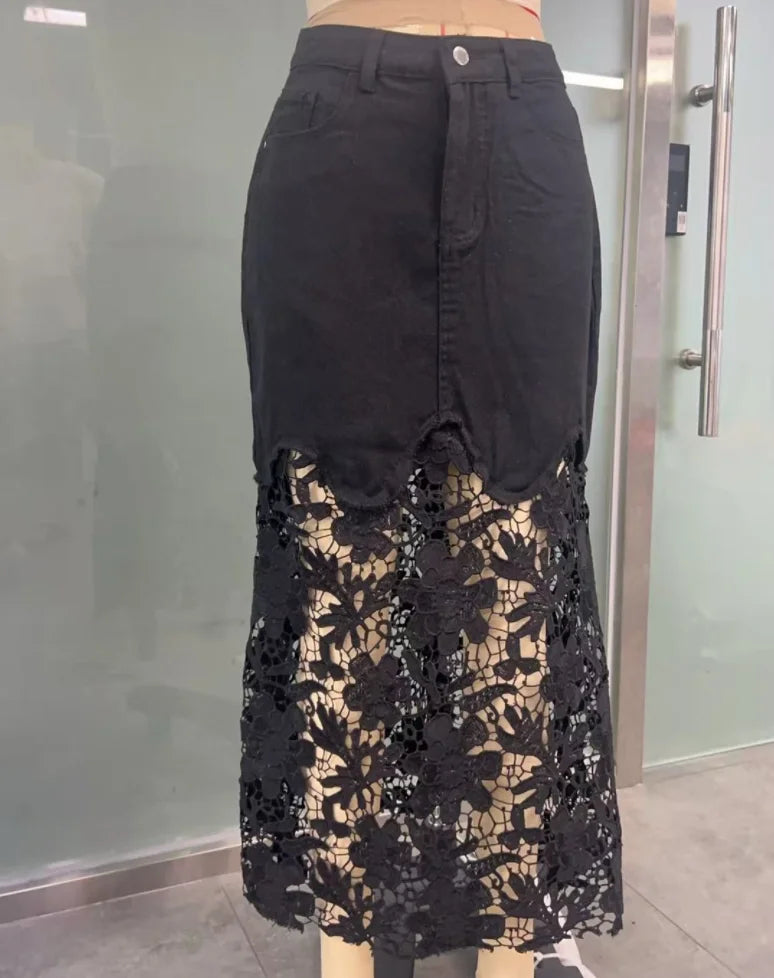 New  Fashion Lace Denim Skirts Patchwork Ladies 2026 Summer Street Pocket Women Casual Loose High Waist Jeans Skirt L274