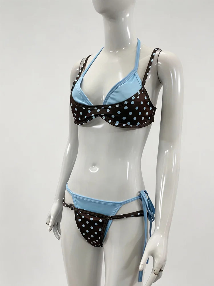 2026 Summer Polka Dot Bikini Set Women's Blue Contrasting sexy Spicy Girl Retro Polka Dot Vacation Swimsuit Lace up Split Swimsu