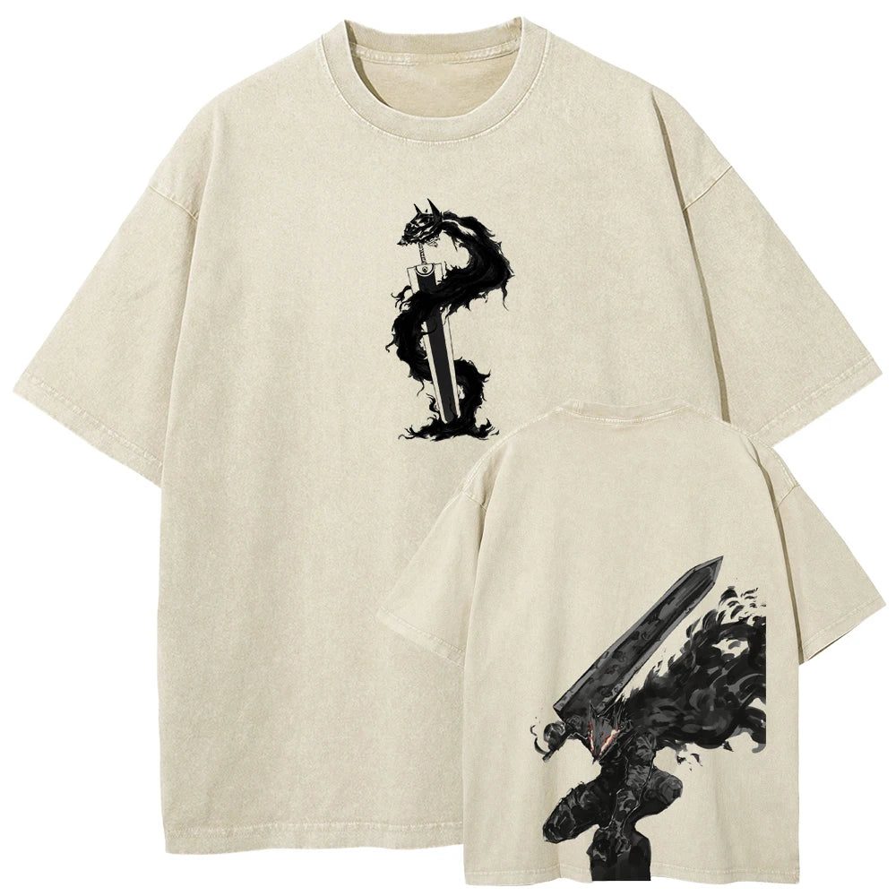 Berserk Guts T Shirt Manga Griffith Printed  T-shirt Men Unisex Clothes Street Vintage Washed Tshirt Short Sleeve Cotton Tees