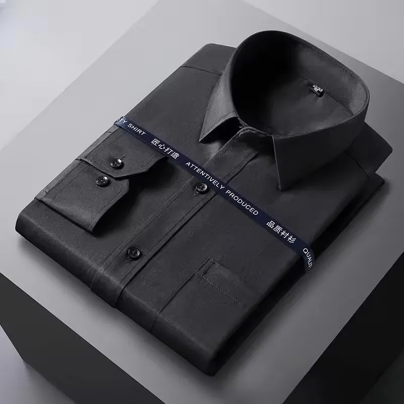 Men Formal Shirt Long Sleeve Autumn Office Solid Color Fashion Business Pocket White Social Pocket Office White Shirt S-7XL 6XL