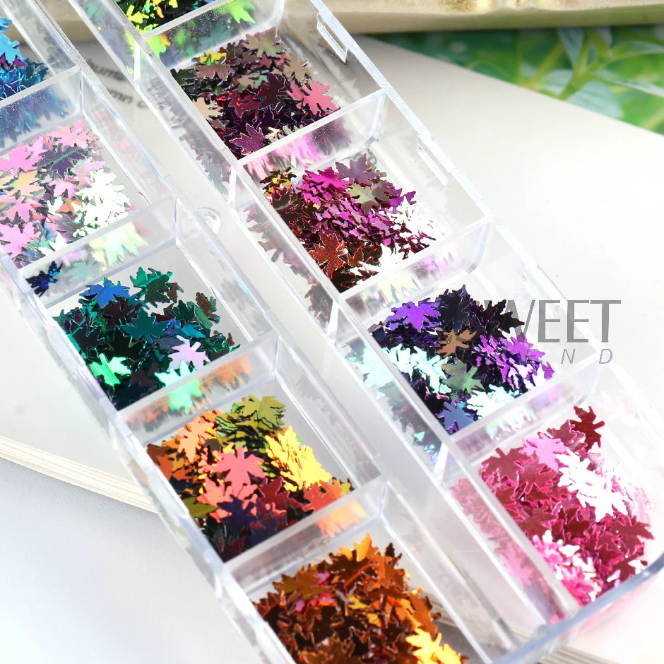 12 Grids Mirror Gold Maple Leaves Nail Art Sequins Autumn Leaf Design DIY Charm Jewelry Fall Theme Glitter Flakes Manicure Decor