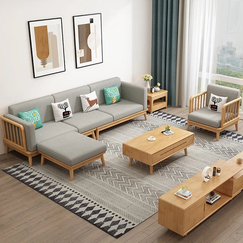 Solid wood fabric sofa Small apartment living room sofa combination Log wind Japanese sofa