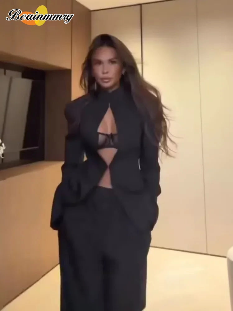 Sexy Black Hollow Blazer Dress Women Elegant Full Sleeve Shoulder Pads Cinched-waist Mini Dress 2026 Lady Evening Party Wear New