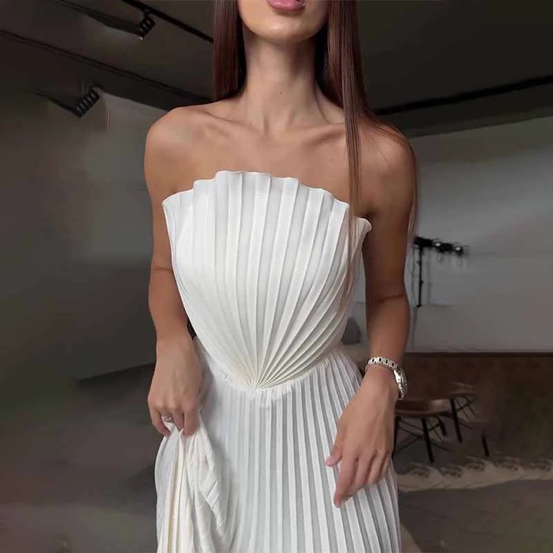 Elegant Solid Pleated Off Shoulder Long Dresses for Women Chic Sleeveless Backless Female Maxi Dress Summer New Beach Party Robe