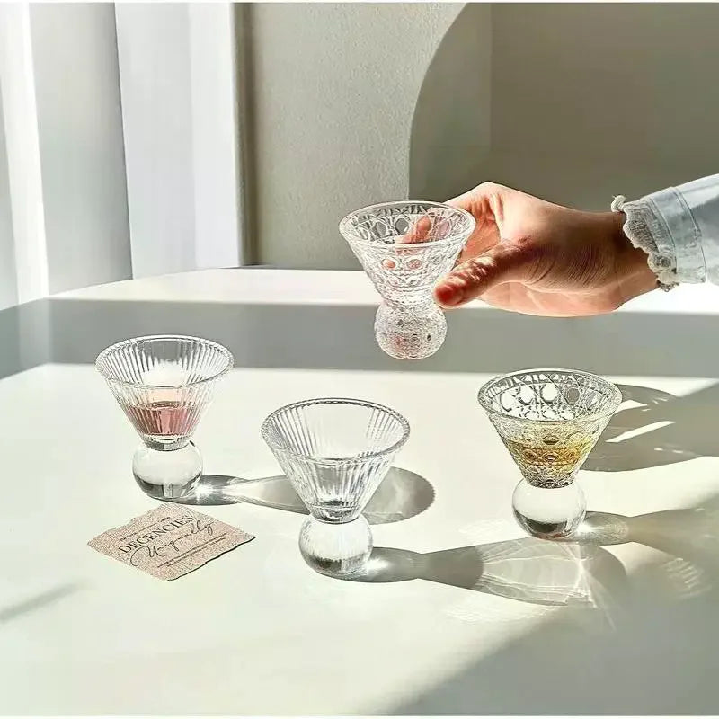 Retro Gem Pattern High Stem Glass Cup Nordic Pure Color Universal Drinkware For Ice Coffee Juice Bubble Water