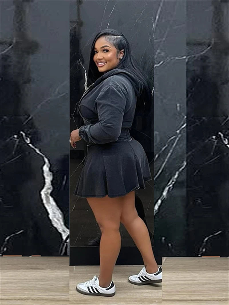 Streetwear Denim 2 Piece Sets Women Outfit Spring Clothing Women Full Sleeve Hooded Crop Top Pleated Skirt Sets Jean Dress Sets