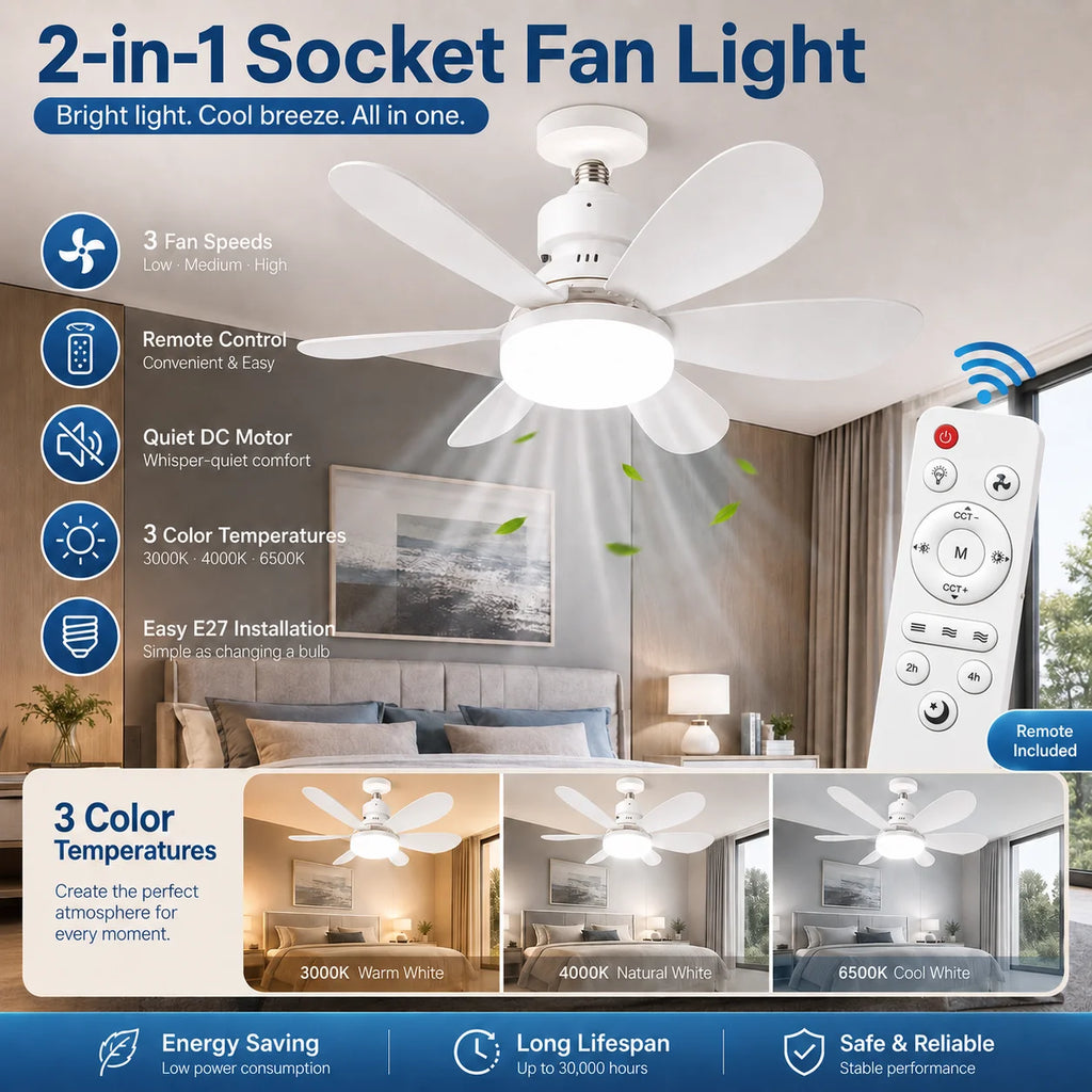 E27 LED Ceiling Fan Light with Remote 3 Color Dimmable Fan Lamp Rotatable Converter Base for Bedroom Living Room Kitchen